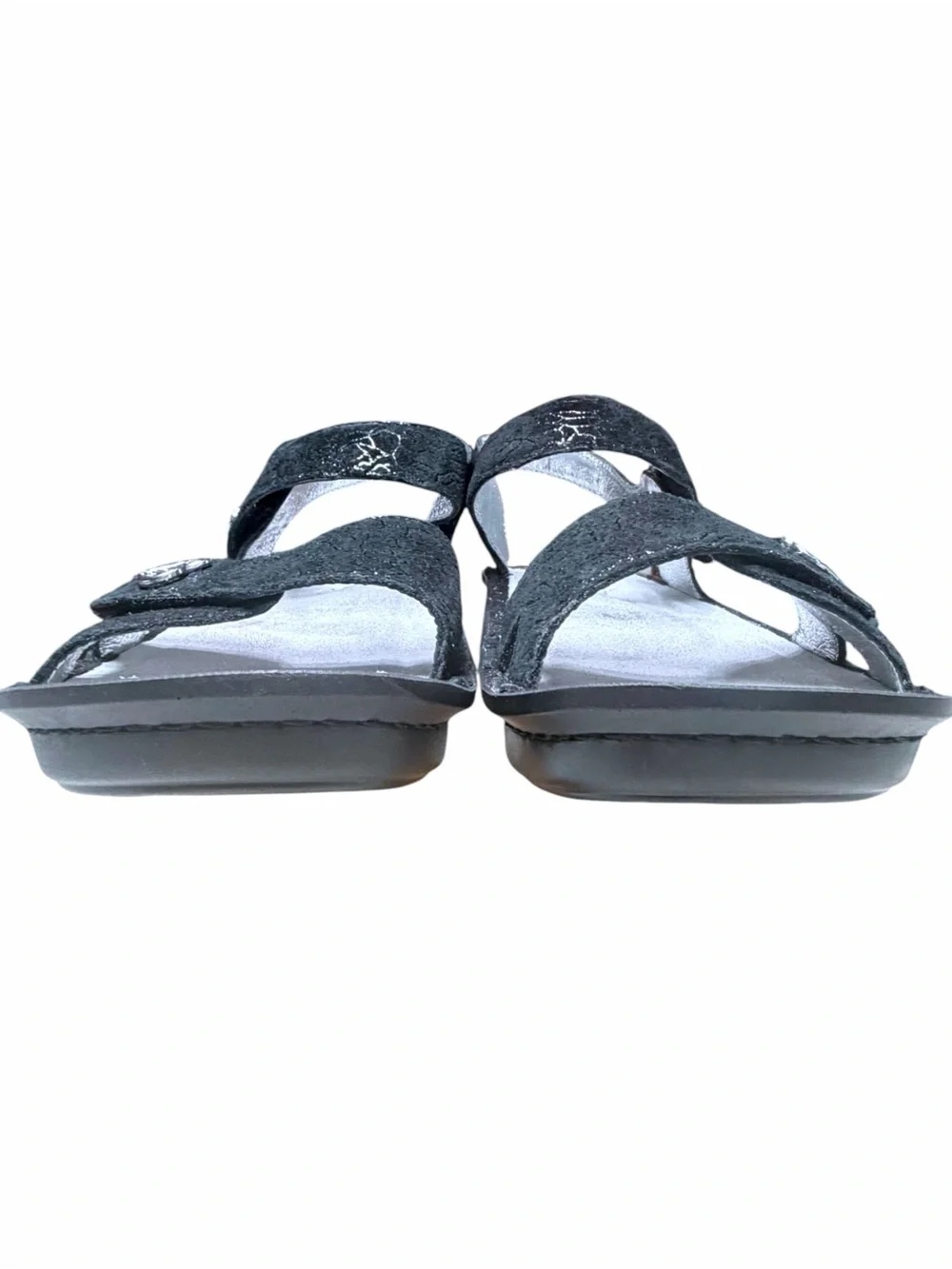 Alegria Vienna Waverly Black Crackle Leather Velcro Silver Heart Sandals NWOT